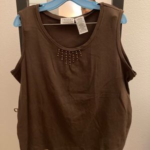 Brown cotton tank top 2X with embellished neckline